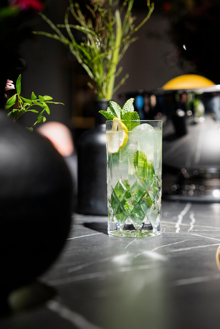 Frischer Cocktail mit Kräutergarnitur an der Bar im Tiger Room Würzburg